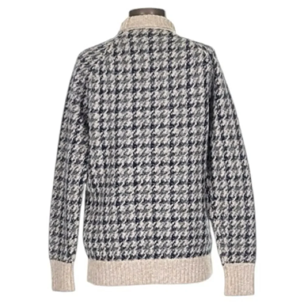 Theory Wool Houndstooth Luxury Beige Gray Mock Neck Crewneck Sweater Petite P